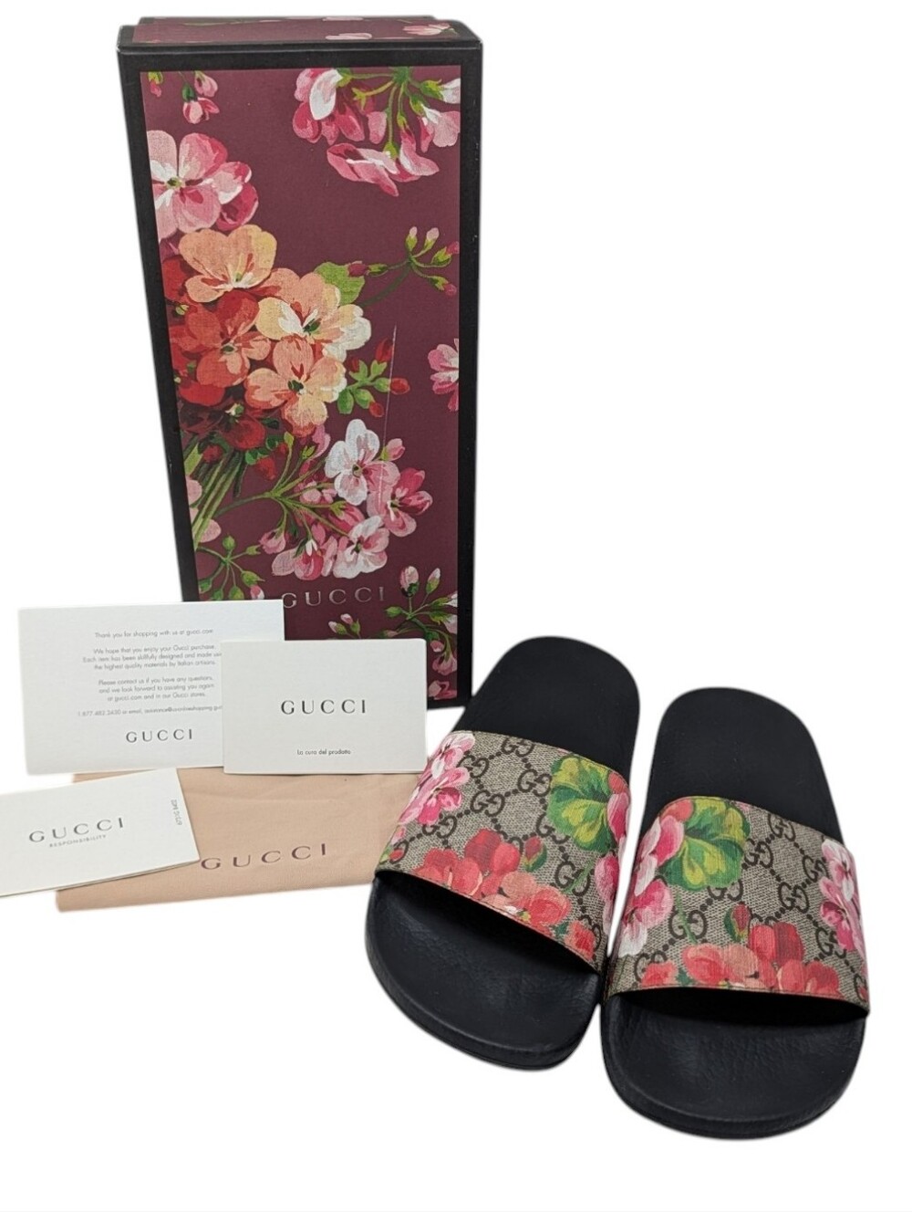 Gucci GG Web Supreme Bloom Floral Slide Sandals Size EU 39